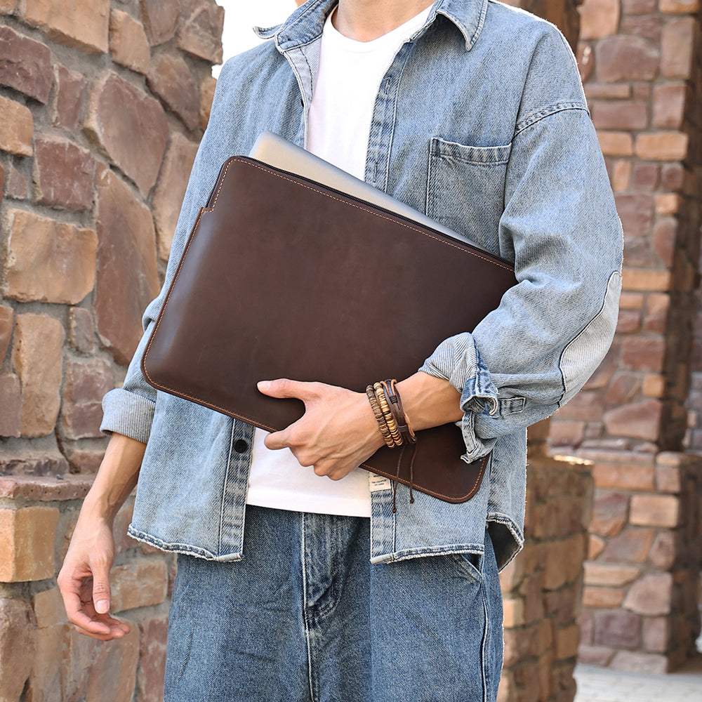 14-inch Laptop Bag Cowhide Leather Smooth Zipper Notebook Carrying Pouch with Hand Strap - Coffee