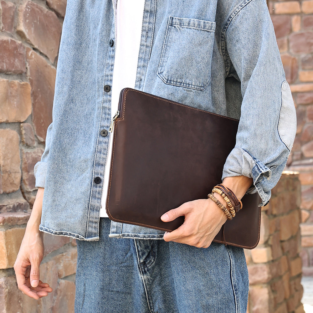 14-inch Laptop Bag Cowhide Leather Smooth Zipper Notebook Carrying Pouch with Hand Strap - Coffee