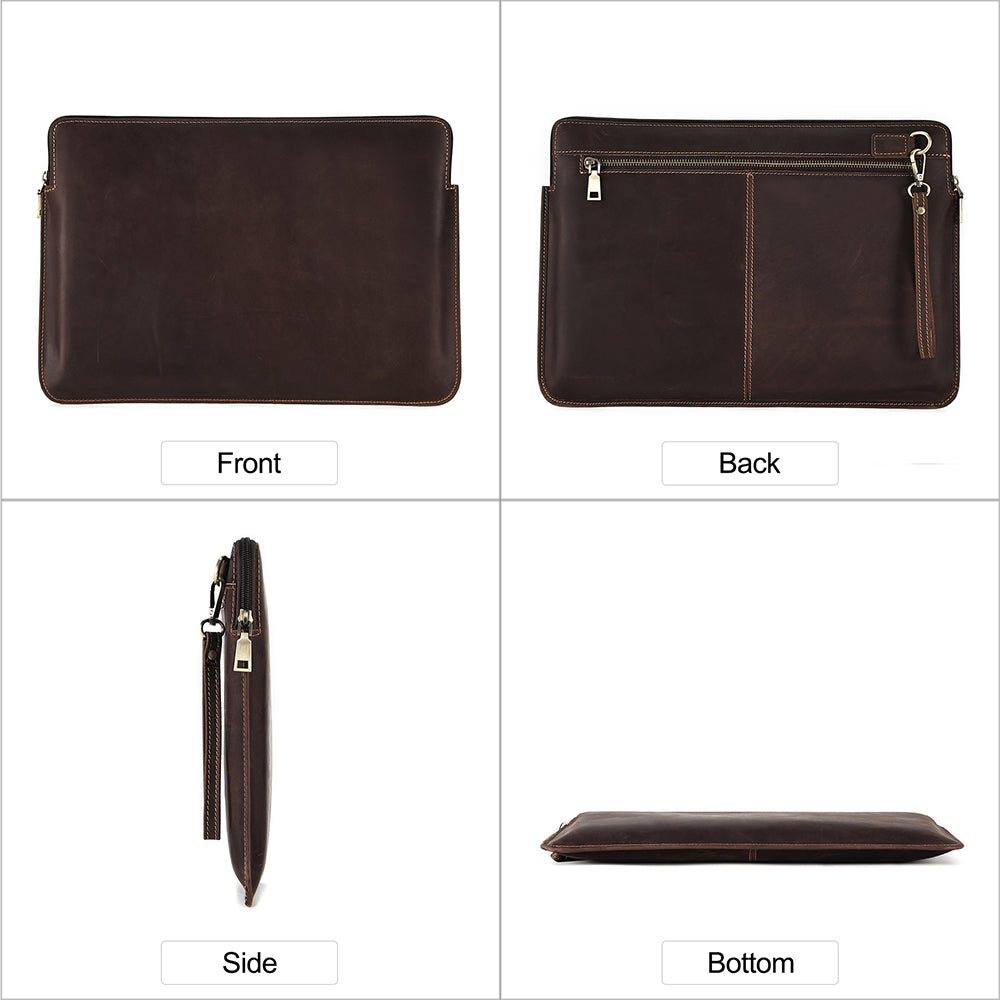 14-inch Laptop Bag Cowhide Leather Smooth Zipper Notebook Carrying Pouch with Hand Strap - Coffee