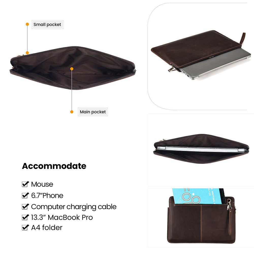 14-inch Laptop Bag Cowhide Leather Smooth Zipper Notebook Carrying Pouch with Hand Strap - Coffee