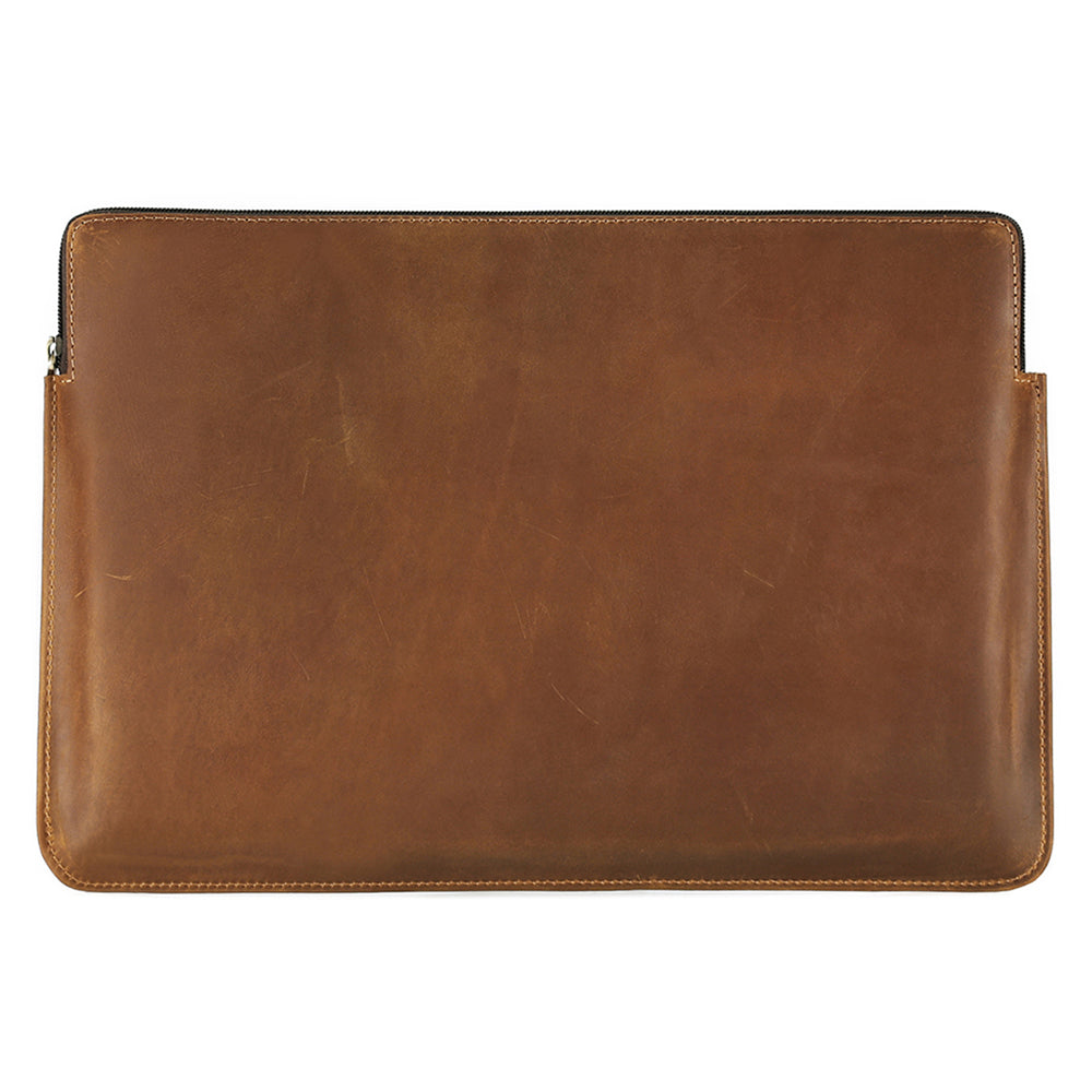 14-inch Laptop Bag Cowhide Leather Smooth Zipper Notebook Carrying Pouch with Hand Strap - Brown