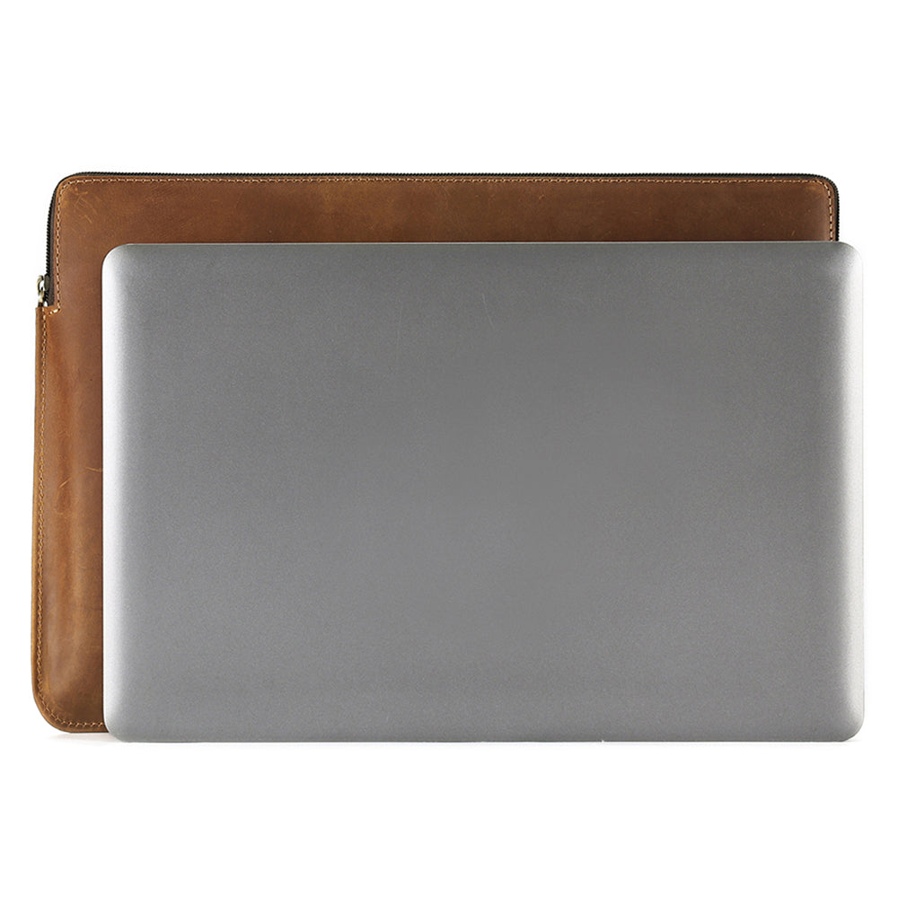 14-inch Laptop Bag Cowhide Leather Smooth Zipper Notebook Carrying Pouch with Hand Strap - Brown