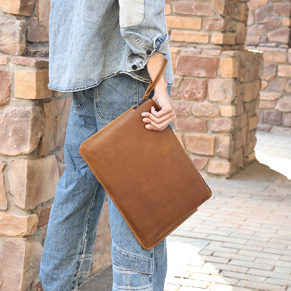 14-inch Laptop Bag Cowhide Leather Smooth Zipper Notebook Carrying Pouch with Hand Strap - Brown