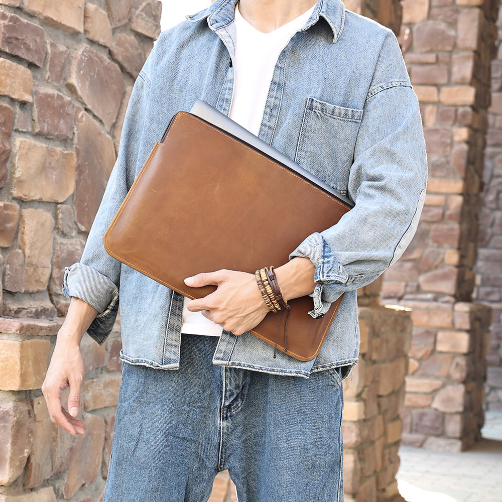 14-inch Laptop Bag Cowhide Leather Smooth Zipper Notebook Carrying Pouch with Hand Strap - Brown