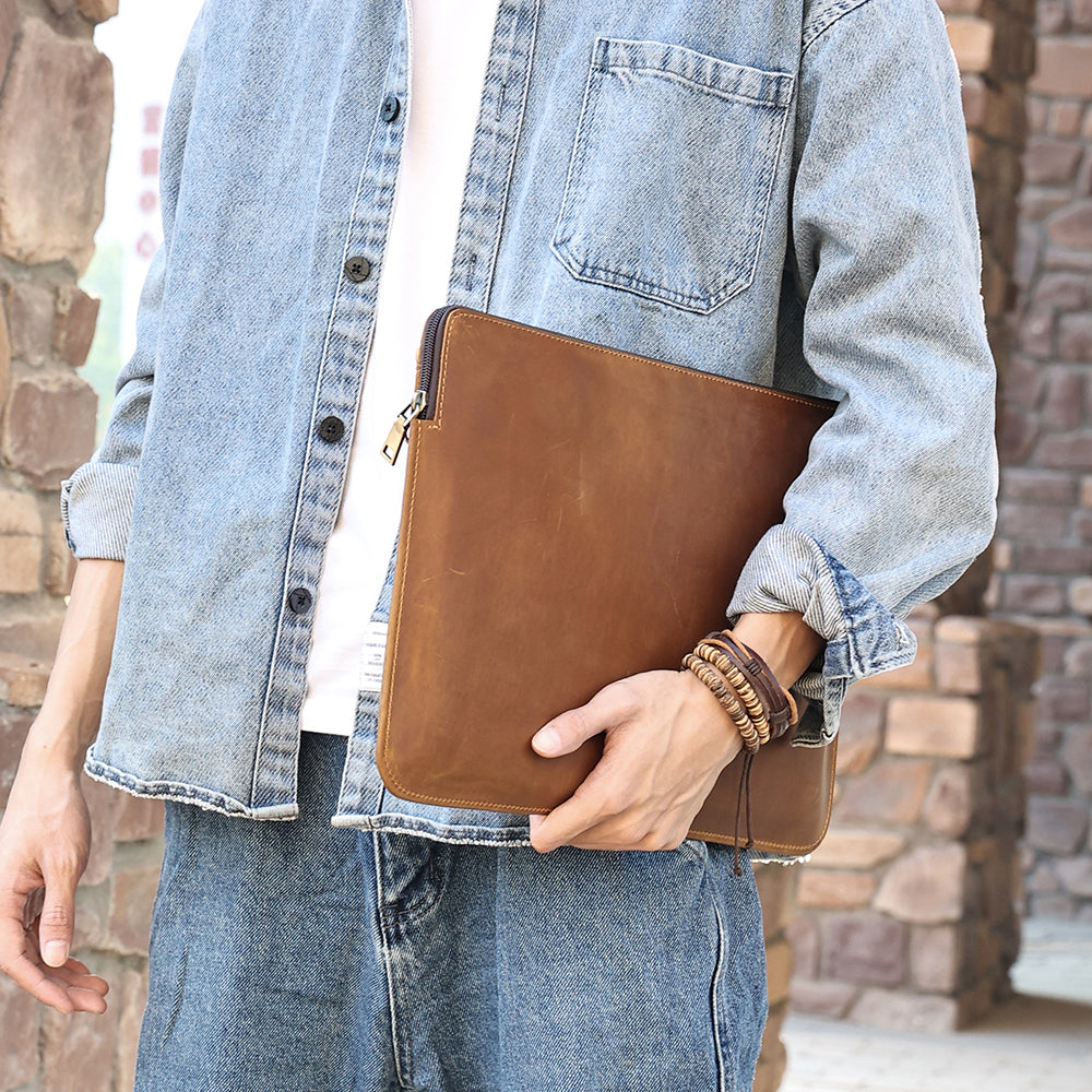 14-inch Laptop Bag Cowhide Leather Smooth Zipper Notebook Carrying Pouch with Hand Strap - Brown