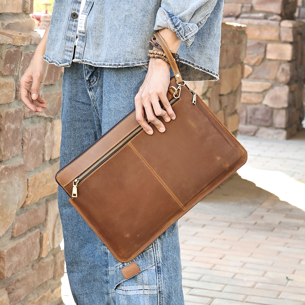 14-inch Laptop Bag Cowhide Leather Smooth Zipper Notebook Carrying Pouch with Hand Strap - Brown