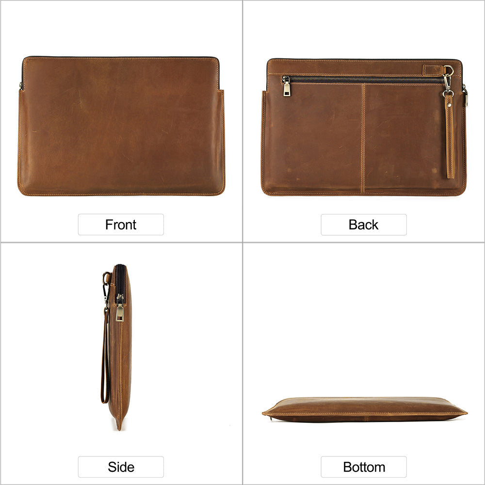 14-inch Laptop Bag Cowhide Leather Smooth Zipper Notebook Carrying Pouch with Hand Strap - Brown