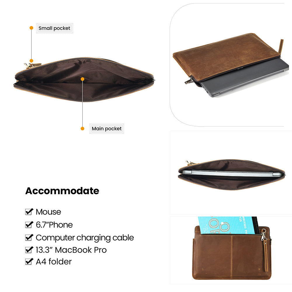 14-inch Laptop Bag Cowhide Leather Smooth Zipper Notebook Carrying Pouch with Hand Strap - Brown