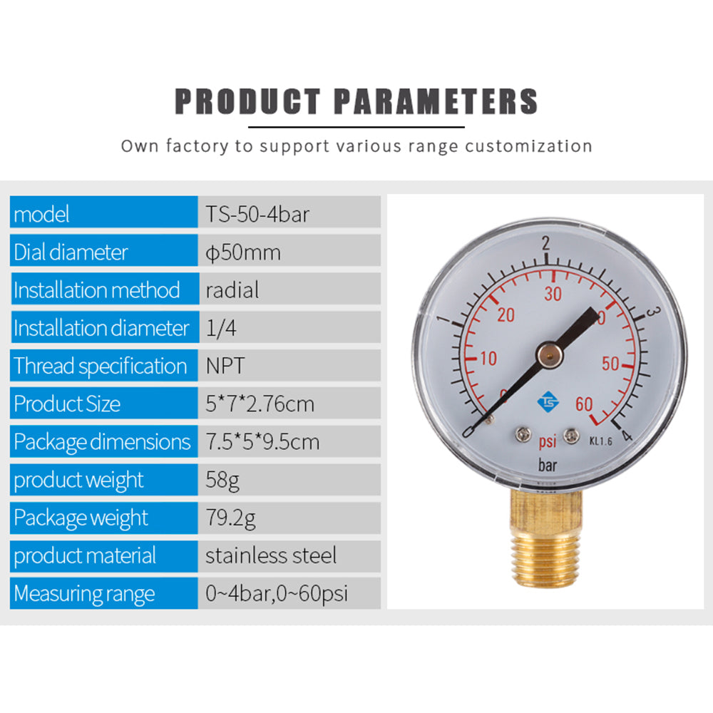 TS-50-4bar 50mm Manometer 0-60psi / 0-4bar Dual Scale Water Pressure Dial 1 / 4 NPT Hydraulic Pressure Gauge
