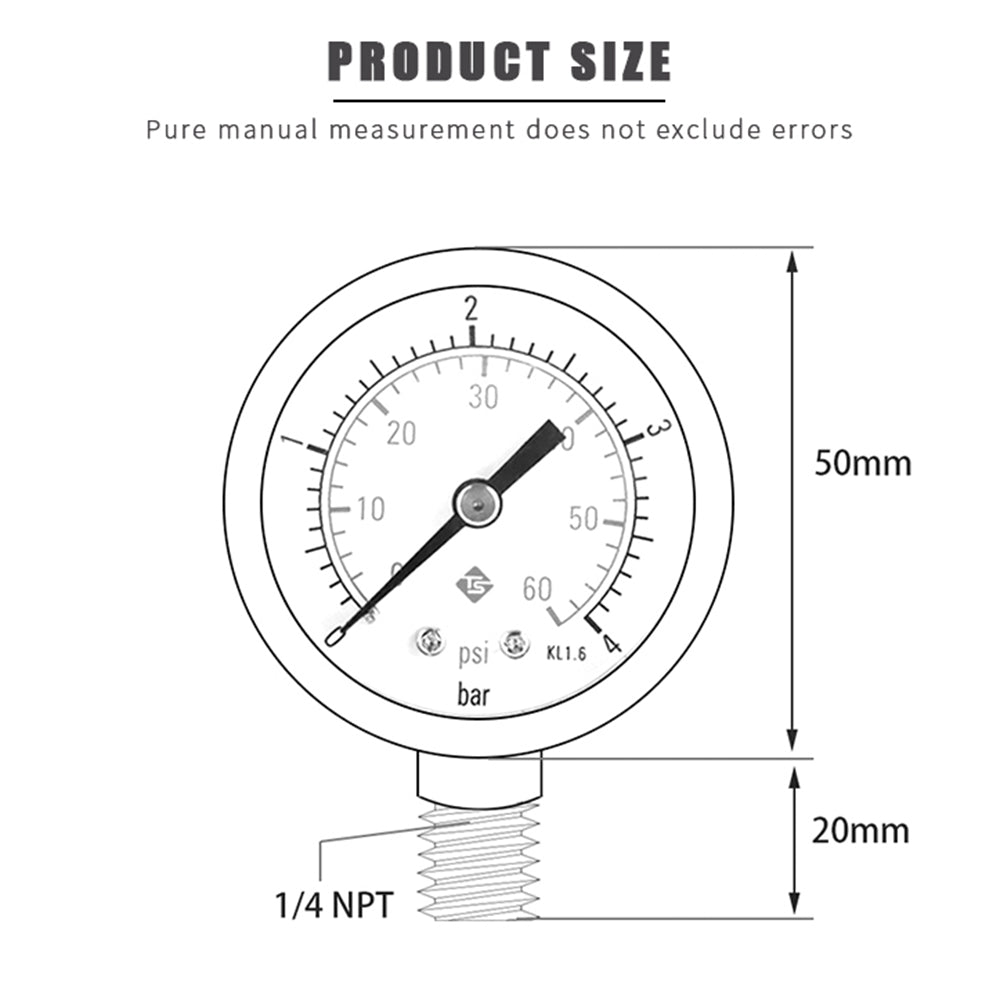 TS-50-4bar 50mm Manometer 0-60psi / 0-4bar Dual Scale Water Pressure Dial 1 / 4 NPT Hydraulic Pressure Gauge