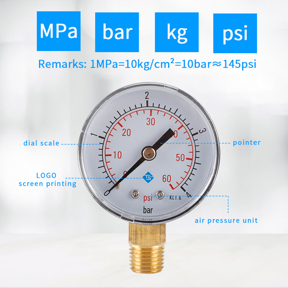 TS-50-4bar 50mm Manometer 0-60psi / 0-4bar Dual Scale Water Pressure Dial 1 / 4 NPT Hydraulic Pressure Gauge
