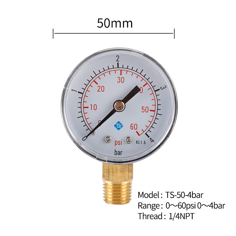 TS-50-4bar 50mm Manometer 0-60psi / 0-4bar Dual Scale Water Pressure Dial 1 / 4 NPT Hydraulic Pressure Gauge