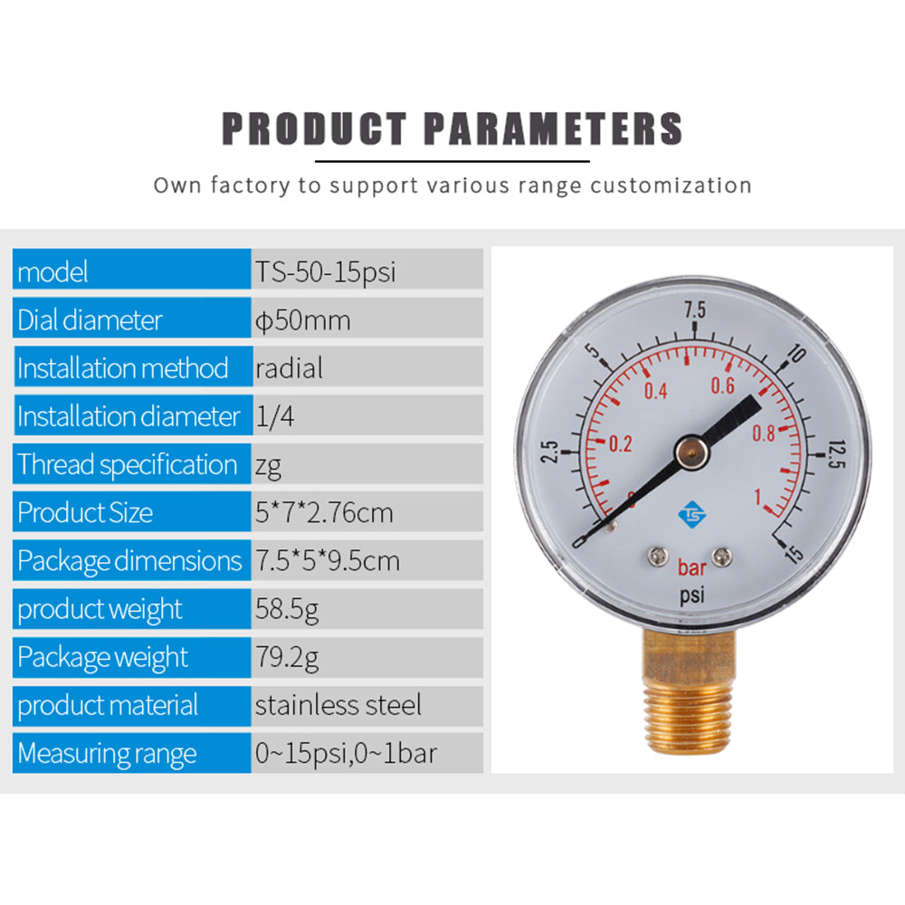 TS-50-15psi 0-15psi / 0-1bar Dual Scale Water Pressure Dial 50mm Manometer Hydraulic Pressure Gauge for Fuel Oil / Air / Oil / Water