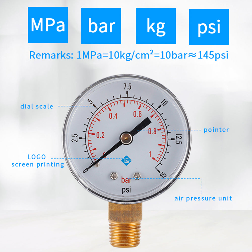 TS-50-15psi 0-15psi / 0-1bar Dual Scale Water Pressure Dial 50mm Manometer Hydraulic Pressure Gauge for Fuel Oil / Air / Oil / Water