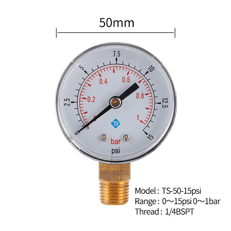TS-50-15psi 0-15psi / 0-1bar Dual Scale Water Pressure Dial 50mm Manometer Hydraulic Pressure Gauge for Fuel Oil / Air / Oil / Water