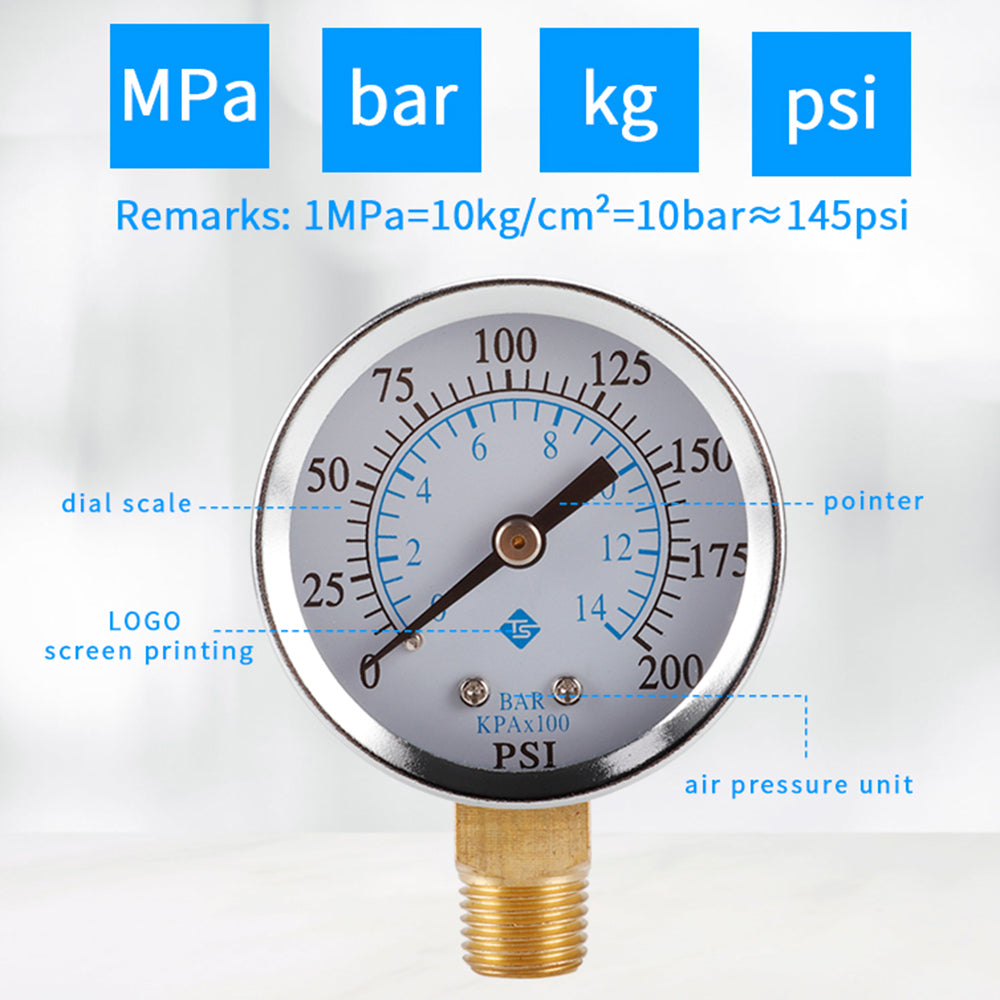 TS-50-14 1 / 4inch NPT Bottom Mount Pressure Gauge Dual Scale Water Pressure Gauge 0-200 PSI Test Range Oil Pressure Gauge
