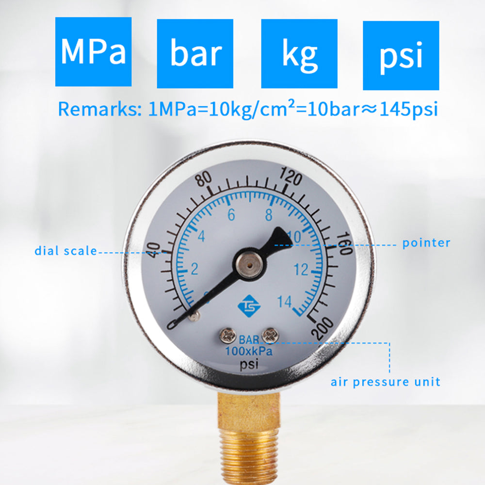 TS-40-14bar Water Oil Pressure Gauge 0-200 PSI Test Range Pressure Gauge Dual Scale Gas Pressure Gauge with 1 / 8inch NPT Bottom Mount