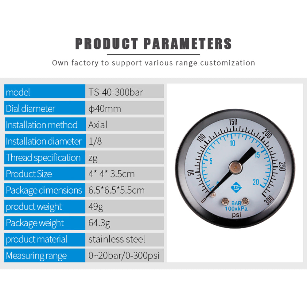 TS-40-300PSI High Precision 0-20Bar Oil Pressure Gauge Water Pressure Gauge Dual Scale Gas Pressure Gauge