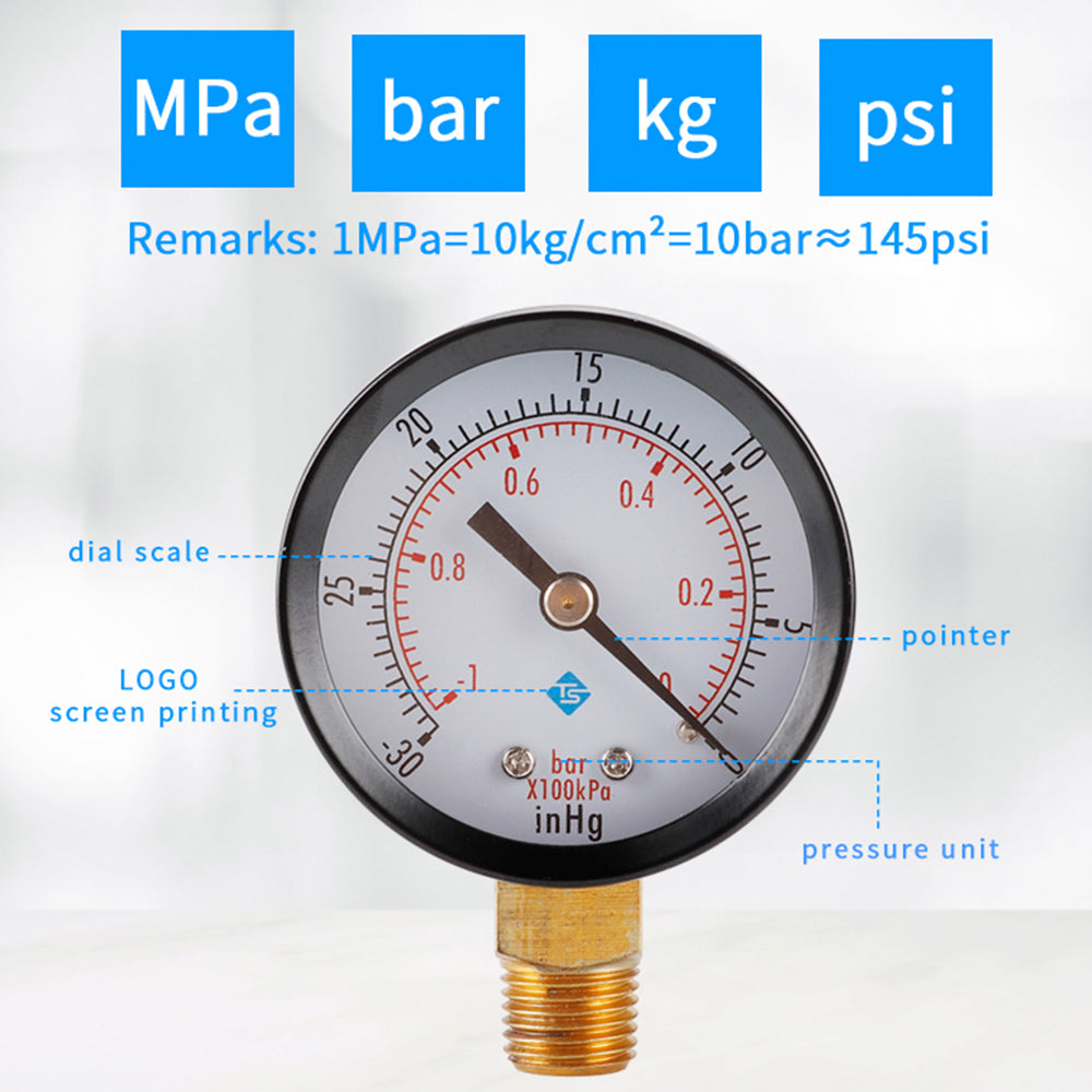 TS-50-1+1 Instrument 1 / 4inch BSPT Thread Mount Gas Water Pressure Gauge Stainless Steel Case Dry Vacuum -30inHg / 0