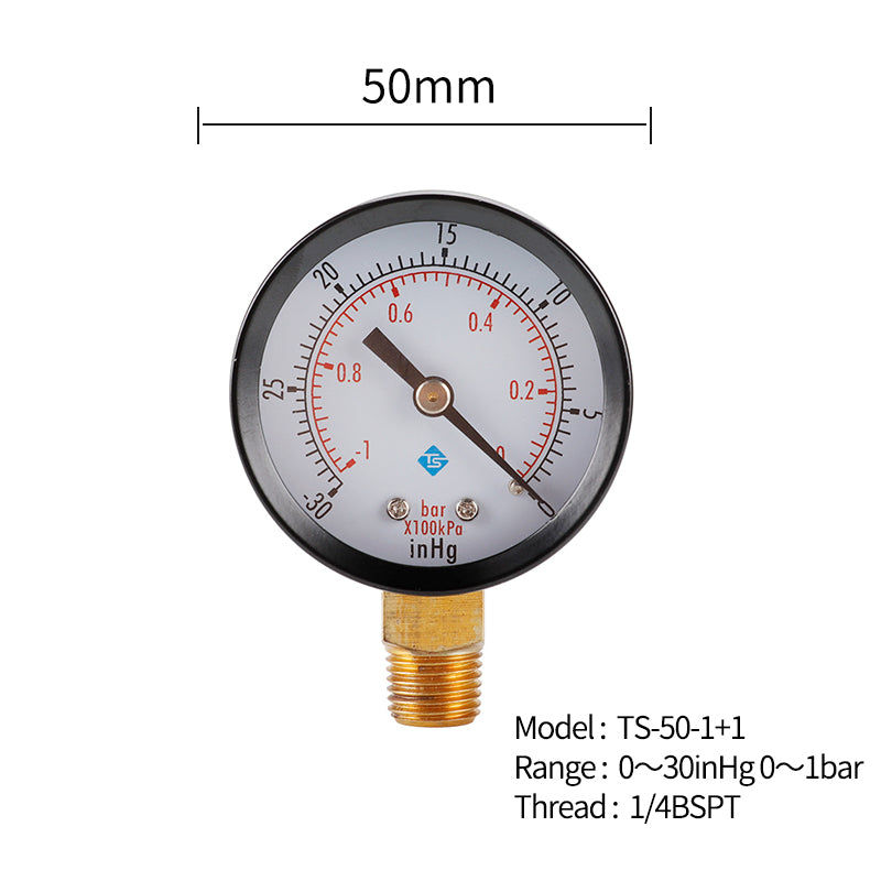 TS-50-1+1 Instrument 1 / 4inch BSPT Thread Mount Gas Water Pressure Gauge Stainless Steel Case Dry Vacuum -30inHg / 0