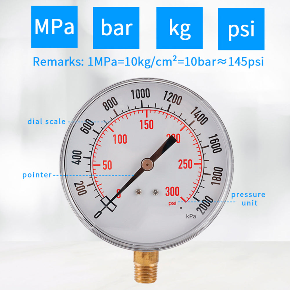 TS-Y91 Large 90mm Dial Oil Gas Pressure Gauge 0-300 PSI / 0-2000 KPA Range Dual Scale Water Pressure Gauge