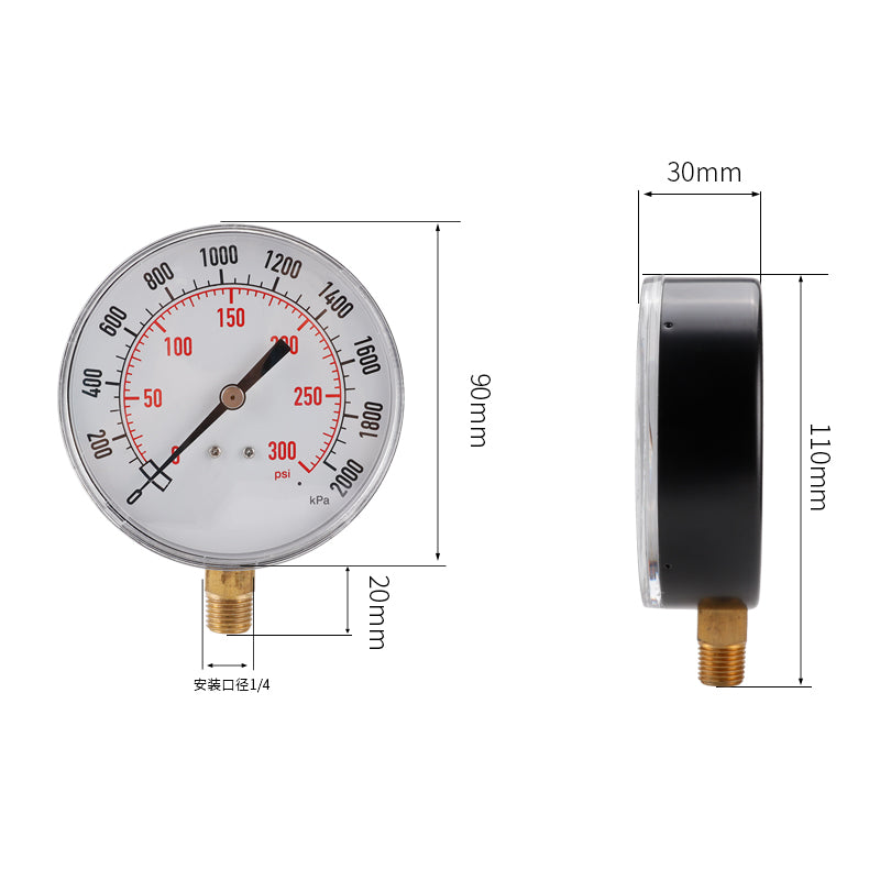 TS-Y91 Large 90mm Dial Oil Gas Pressure Gauge 0-300 PSI / 0-2000 KPA Range Dual Scale Water Pressure Gauge