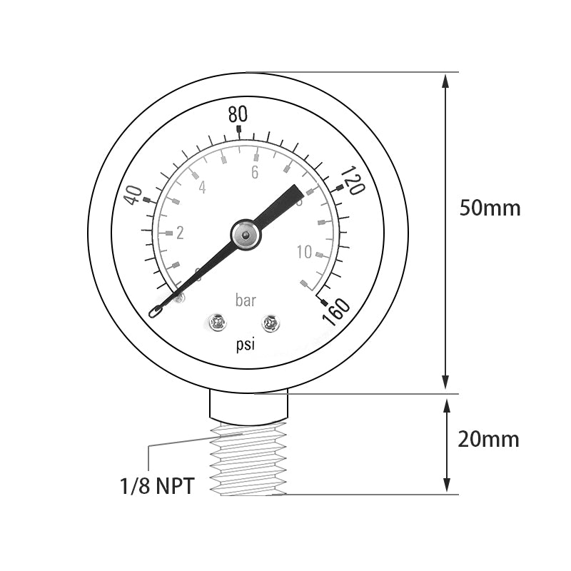 TS-Z53 Water Pressure Gauge Dual Scale Gas Pressure Gauge 0-160 PSI / 0-11 Bar Test Range Oil Pressure Gauge