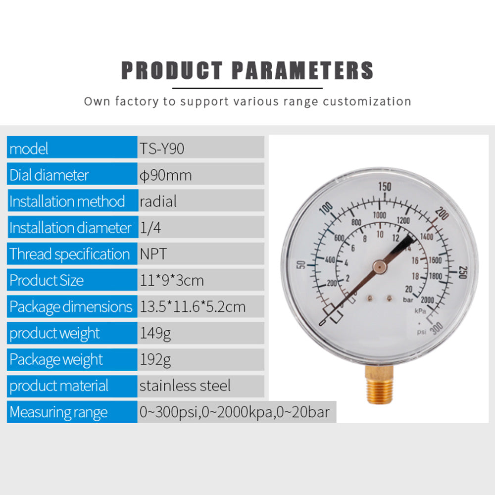 TS-Y90 90mm Large Dial Oil Gas Pressure Gauge 0-300 PSI / 0-2000 KPA / 0-20 Bar Water Pressure Gauge