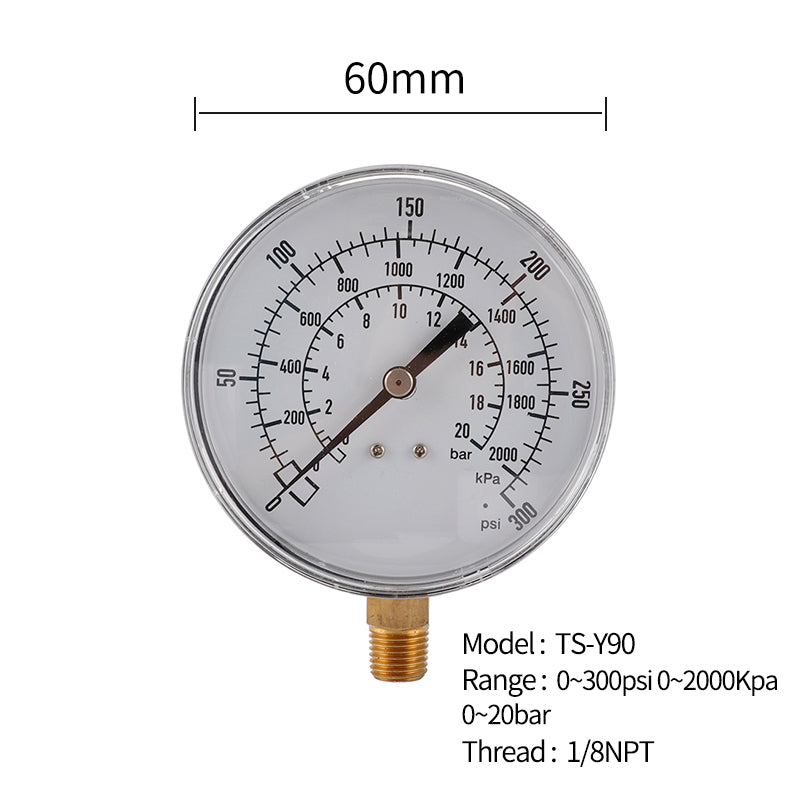 TS-Y90 90mm Large Dial Oil Gas Pressure Gauge 0-300 PSI / 0-2000 KPA / 0-20 Bar Water Pressure Gauge