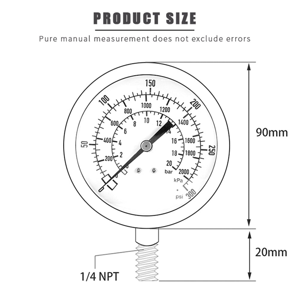 TS-Y90 90mm Large Dial Oil Gas Pressure Gauge 0-300 PSI / 0-2000 KPA / 0-20 Bar Water Pressure Gauge