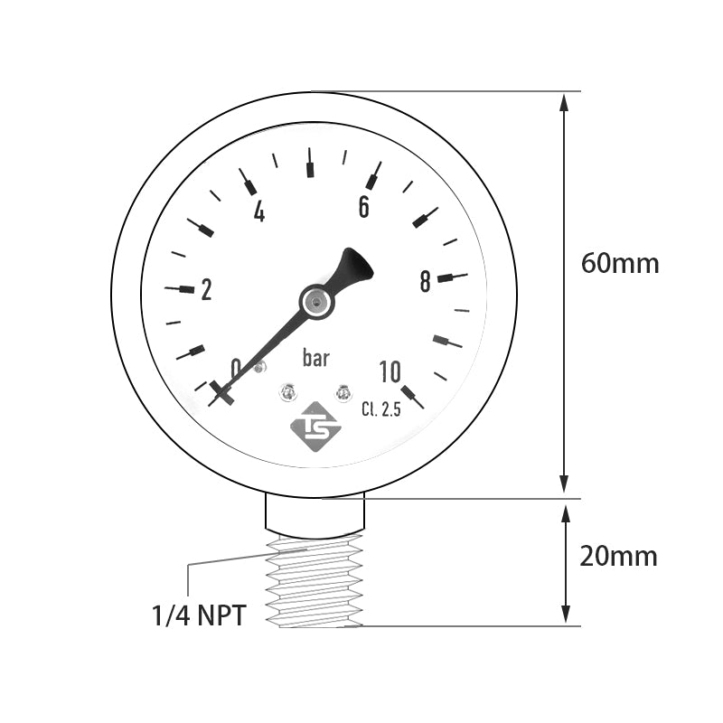 TS-60-10bar 60mm Dial Pressure Gauge 0-10 Bar Water / Gas / Air Pressure Measurement Tool with 1 / 4 NPT Bottom Mount