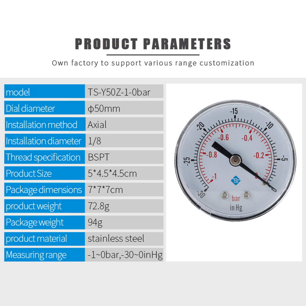 TS-Y50Z-1-0bar Axial Air Pressure Gauge -1-0 Bar Hydraulic Oil Water Pressure Meter Gauge