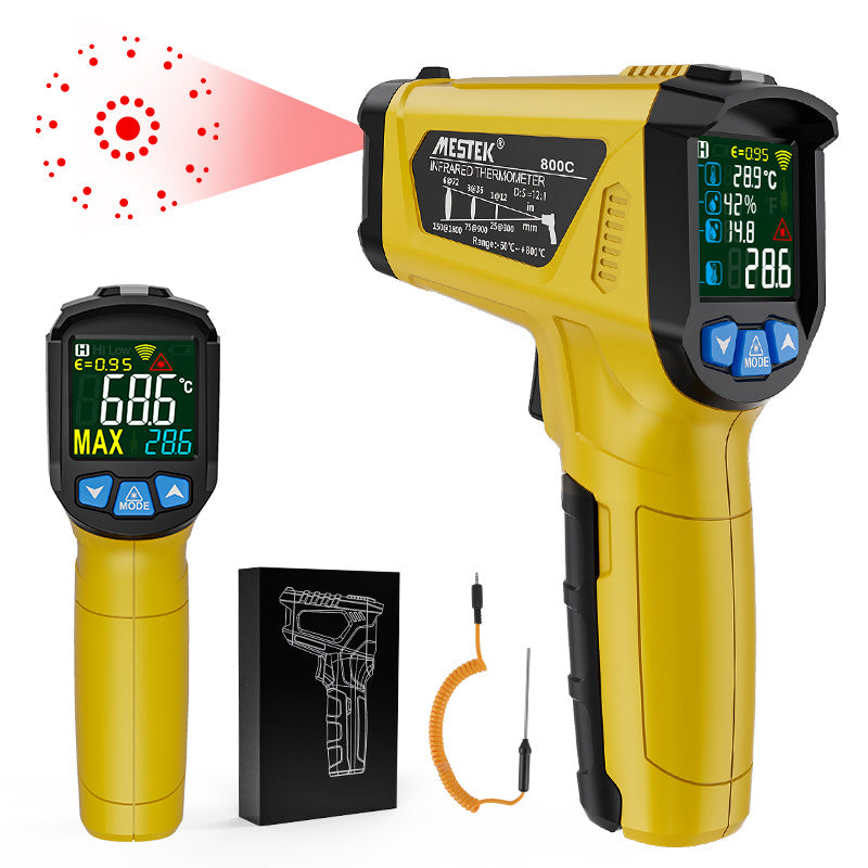 Uniqkart 800C Handheld Infrared Temperature Measurer High-Precision Industrial Temp Humidity Meter Portable Thermometer with 12-Point Laser Positioning