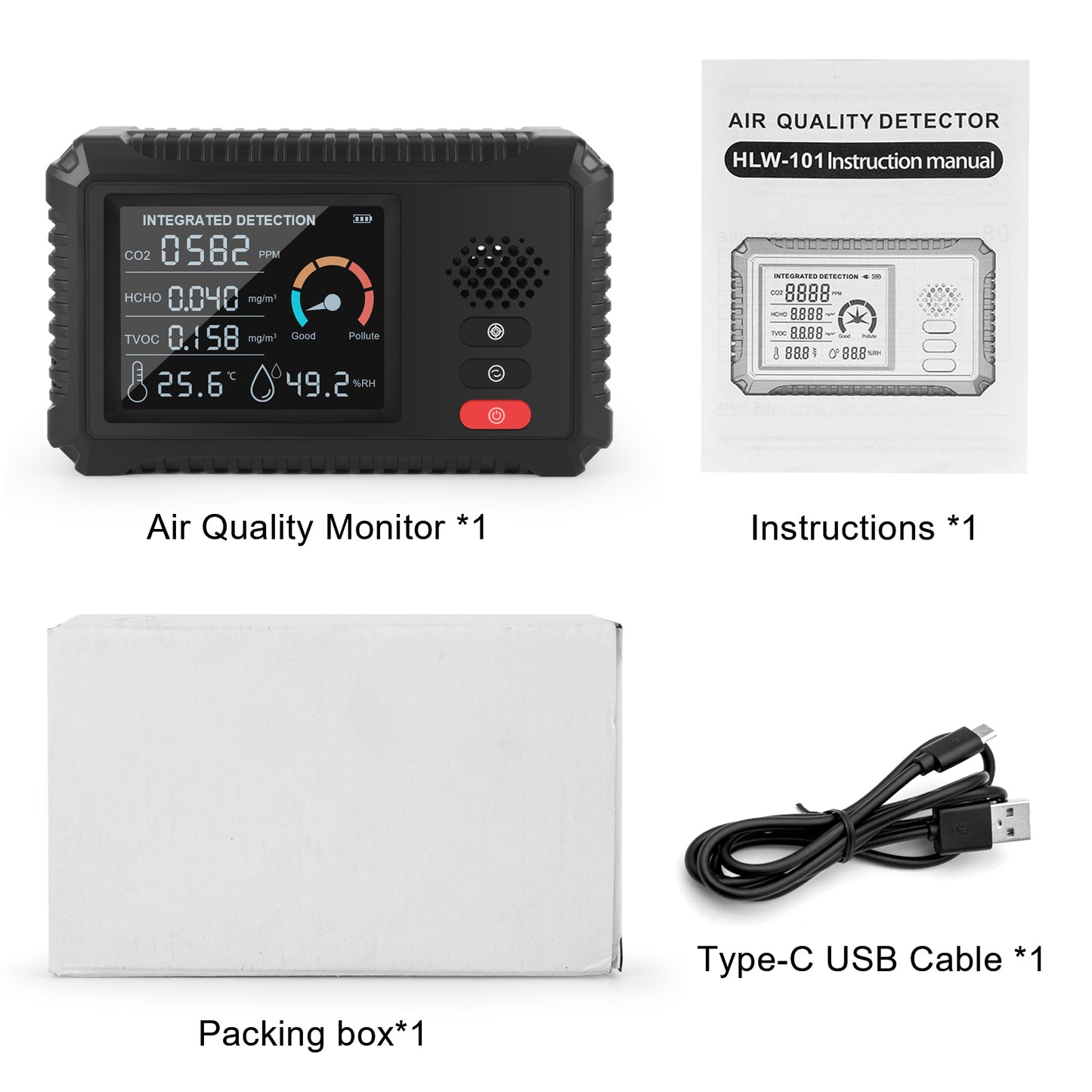 HLW-101 5-in-1 CO2 Detector HCHO, TVOC, PM2.5 Detector Air Quality Monitor Temperature Humidity Tester
