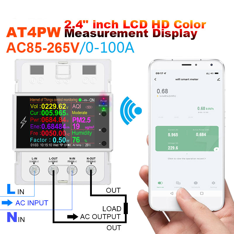 AC85-265V 100A Rail Mounted WiFi Smart Meter Voltage Power Electricity Monitor 2.4-inch LCD Display Home Electricity Meter