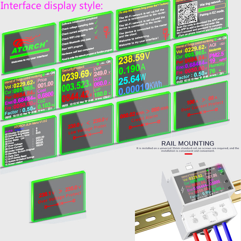 AC85-265V 100A Rail Mounted WiFi Smart Meter Voltage Power Electricity Monitor 2.4-inch LCD Display Home Electricity Meter