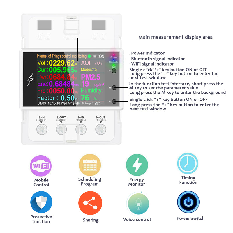 AC85-265V 100A Rail Mounted WiFi Smart Meter Voltage Power Electricity Monitor 2.4-inch LCD Display Home Electricity Meter