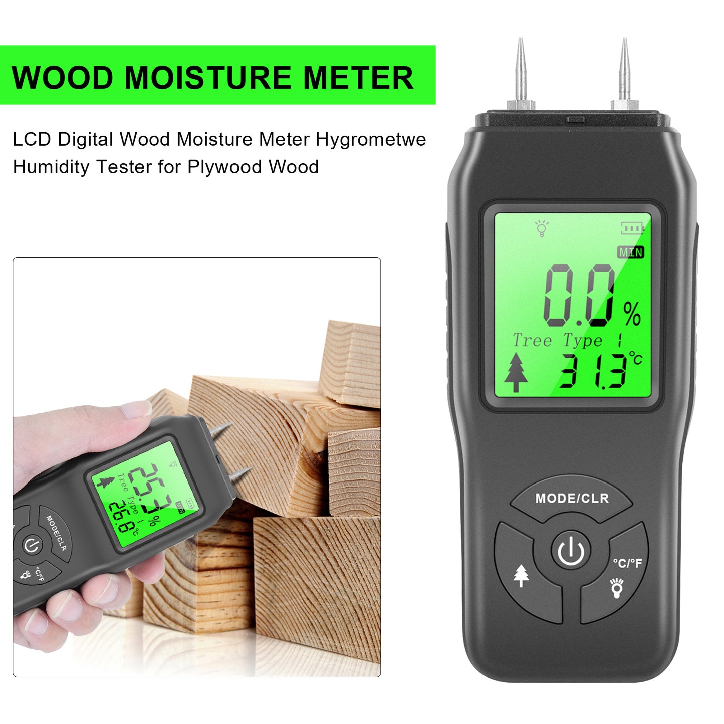 LCD Digital Wood Moisture Meter Hygrometer Humidity Tester for Plywood Wood