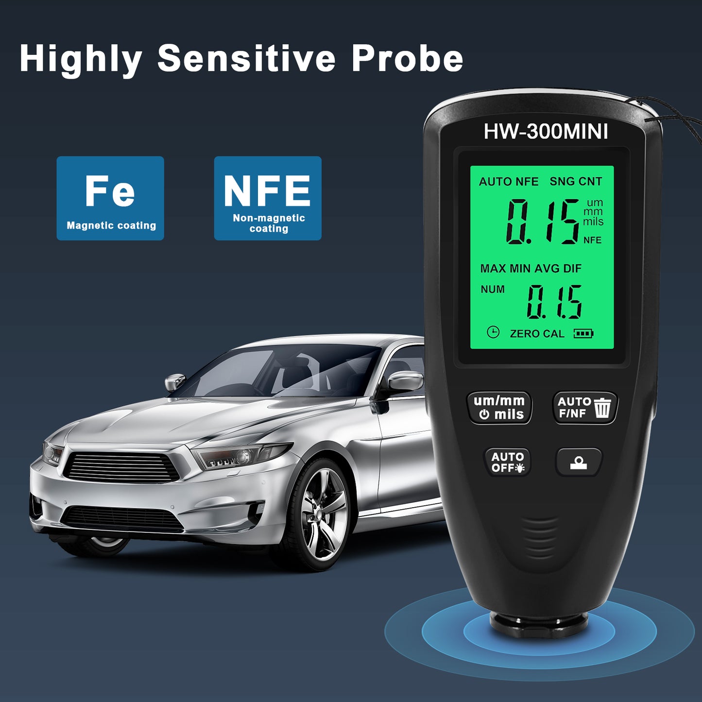 HW300-MINI Coating Thickness Gauge for FE / NFE Coating Thickness Meter Digital Display Measure Device - Black