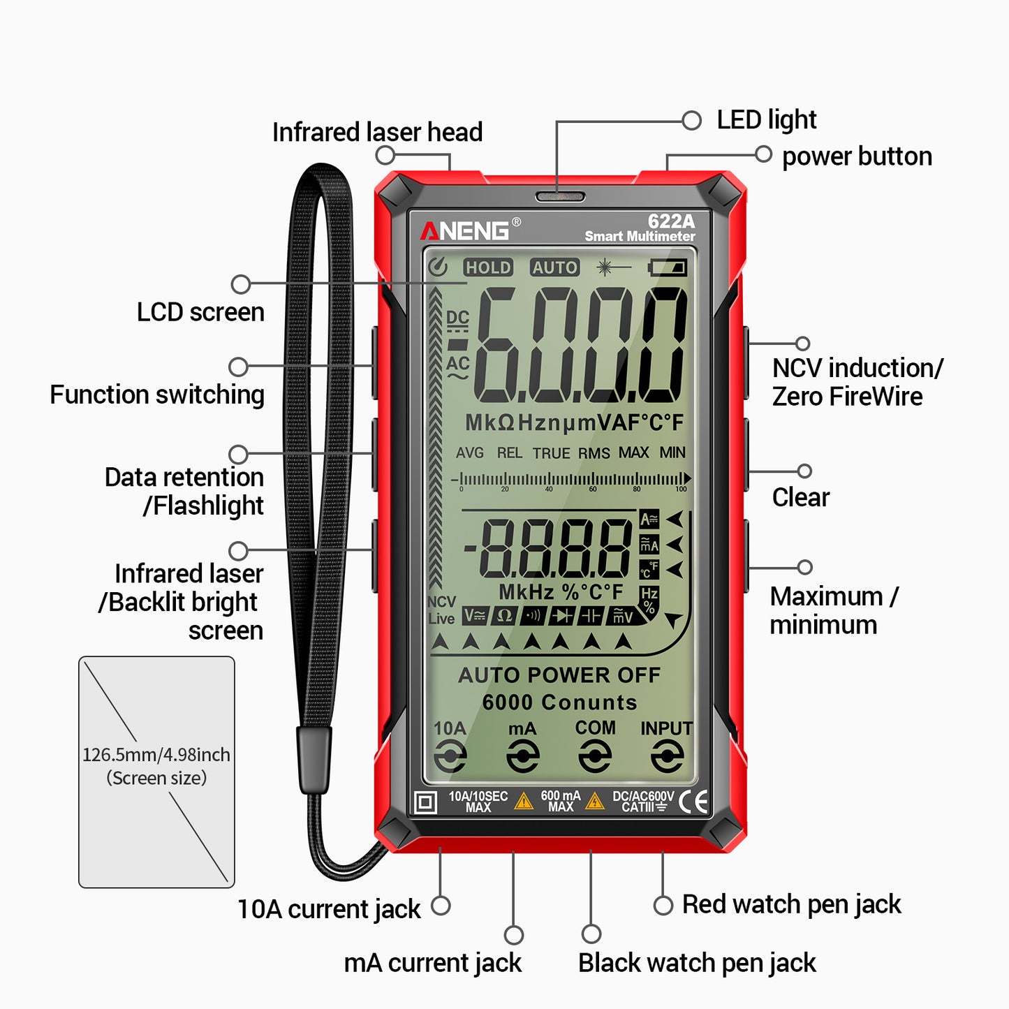 Aneng 622B Touch Screen Multimeter Smart Anti-Burn Digital High Precision Multimeter with LED Light