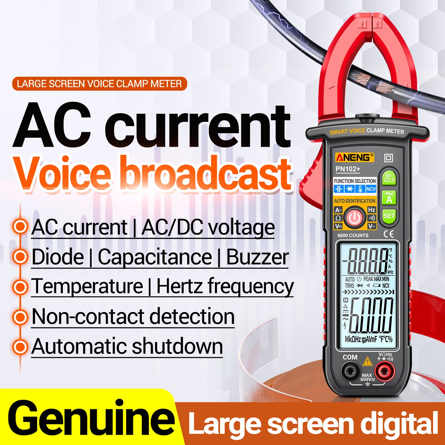 Aneng PN102+ AC Current and AC / DC Voltage Tester Voice Broadcast Reading Digital Clamp Meter with Flashlight