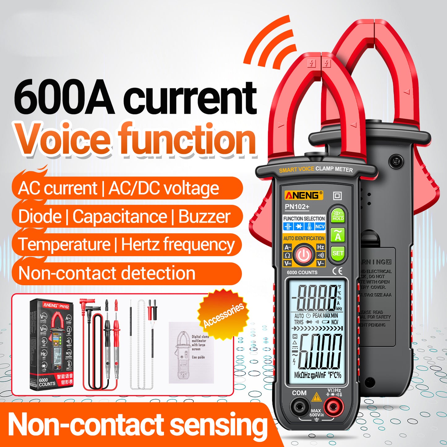 Aneng PN102+ AC Current and AC / DC Voltage Tester Voice Broadcast Reading Digital Clamp Meter with Flashlight
