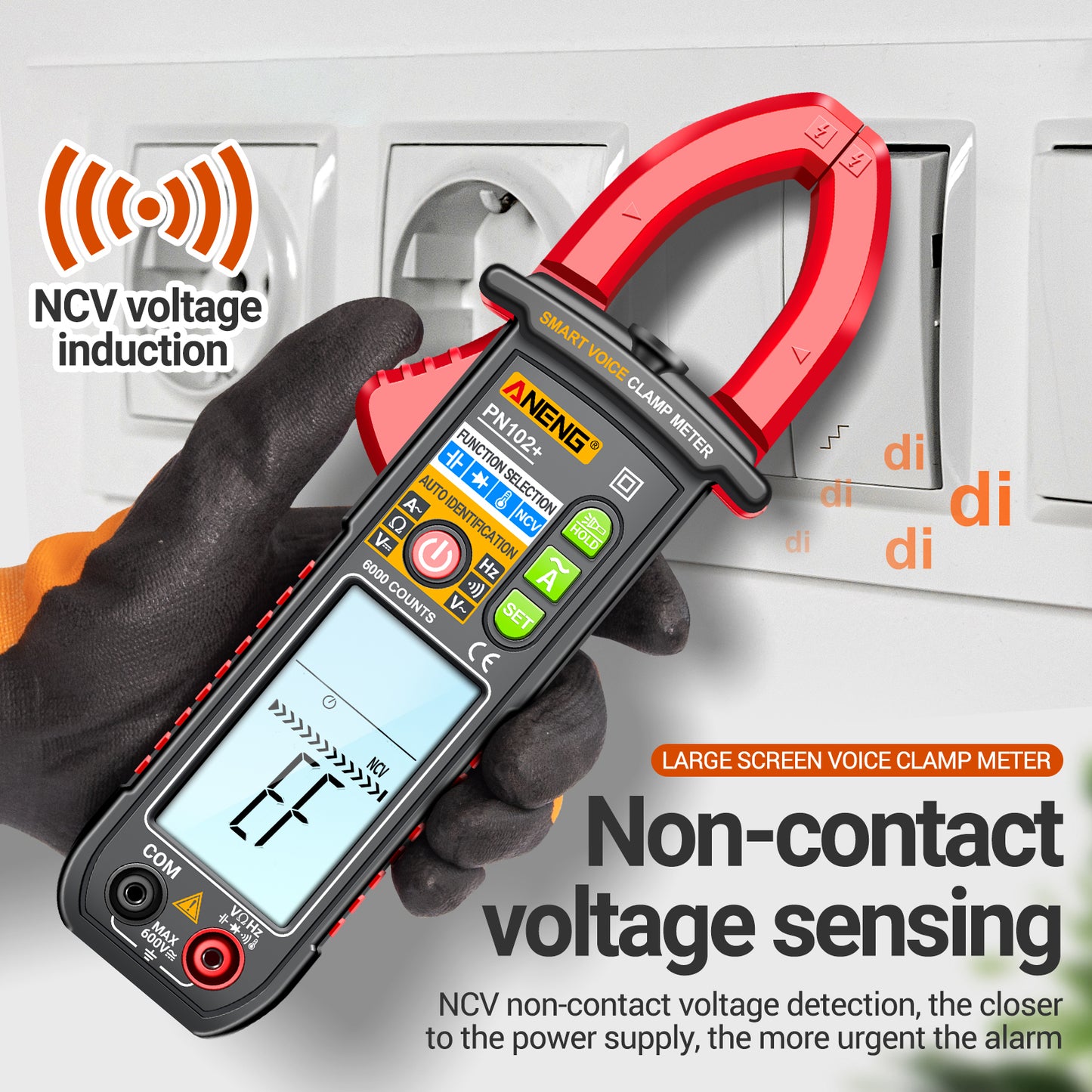 Aneng PN102+ AC Current and AC / DC Voltage Tester Voice Broadcast Reading Digital Clamp Meter with Flashlight