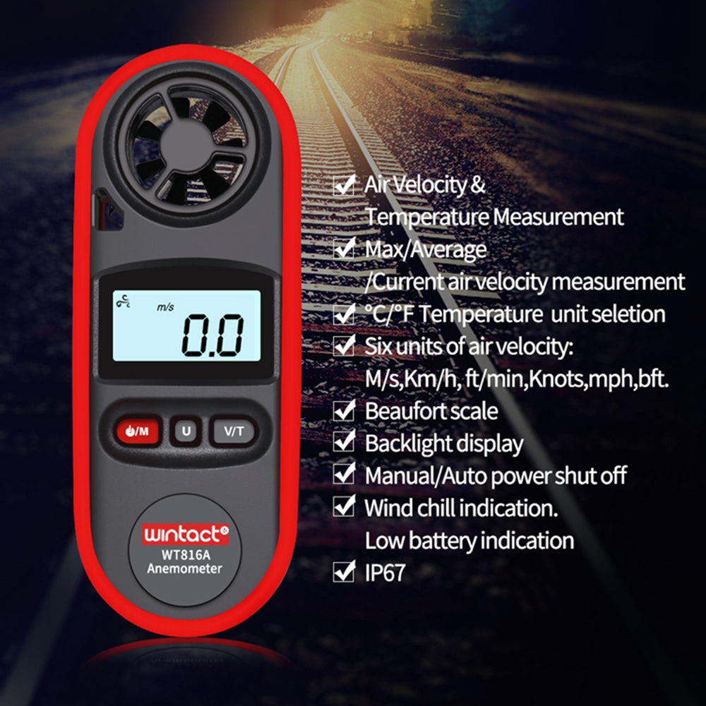Uniqkart WT816A 30m/s Digital Anemometer Tester Portable Handheld Wind Speed Temperature Measure Tool Air Velocity Meter