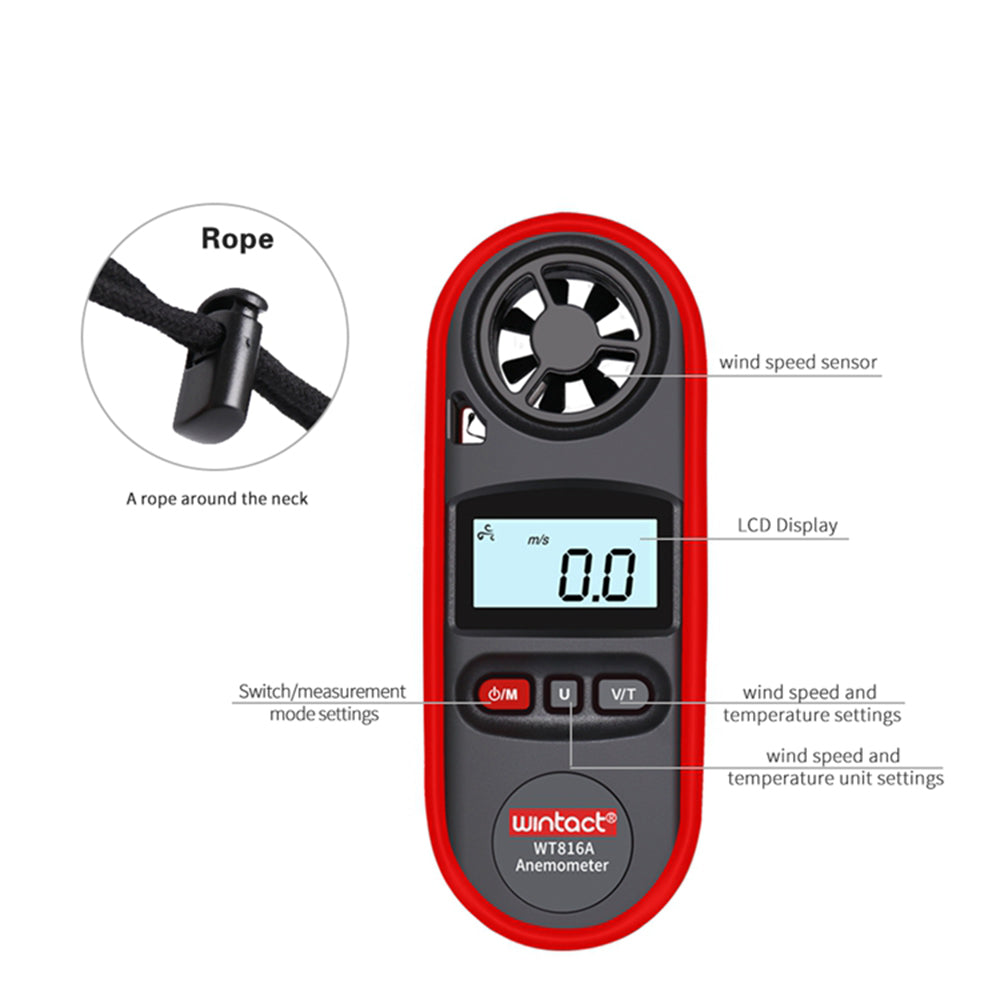 Uniqkart WT816A 30m/s Digital Anemometer Tester Portable Handheld Wind Speed Temperature Measure Tool Air Velocity Meter