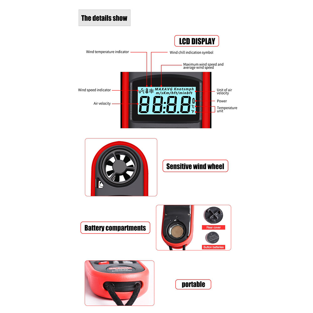 Uniqkart WT816A 30m/s Digital Anemometer Tester Portable Handheld Wind Speed Temperature Measure Tool Air Velocity Meter