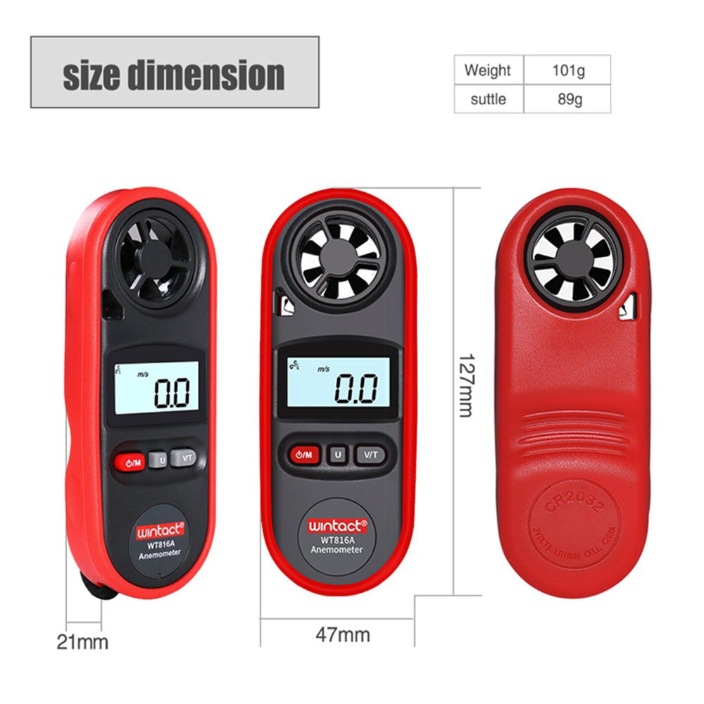 Uniqkart WT816A 30m/s Digital Anemometer Tester Portable Handheld Wind Speed Temperature Measure Tool Air Velocity Meter