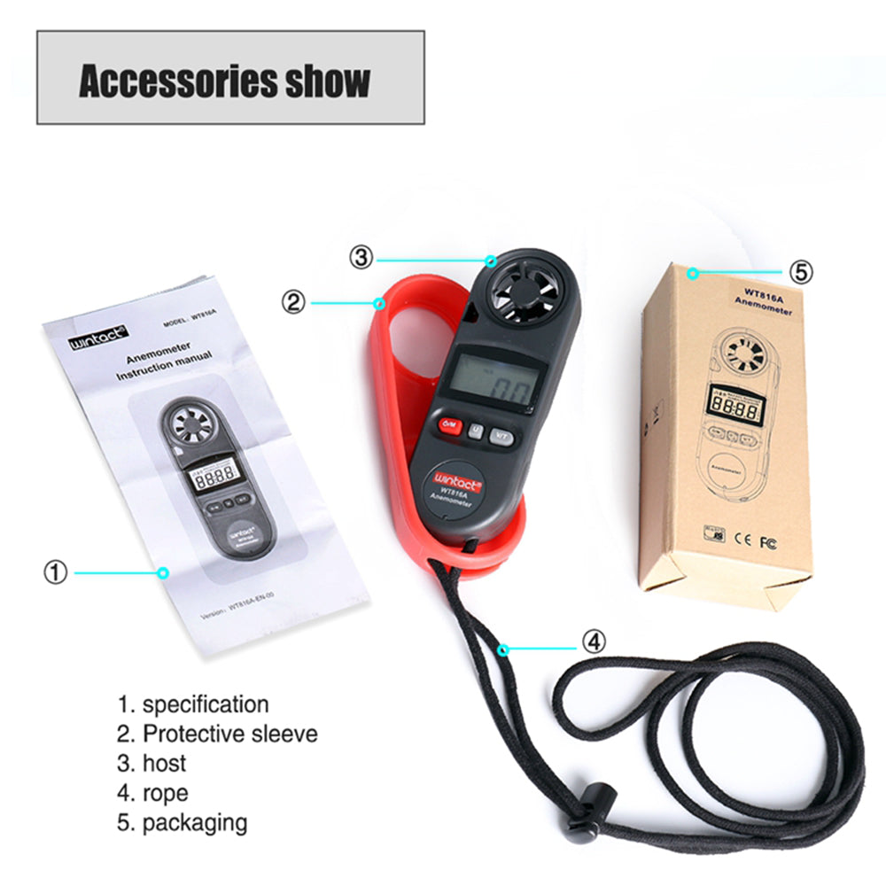 Uniqkart WT816A 30m/s Digital Anemometer Tester Portable Handheld Wind Speed Temperature Measure Tool Air Velocity Meter