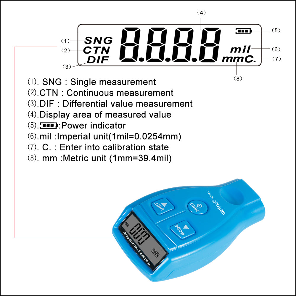 Uniqkart WT200A Mini Portable Digital Coating Thickness Gauge Tester 0-1.8mm Paint Film Thickness Meter
