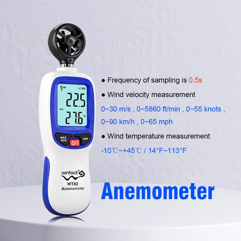 Uniqkart WT82 Digital Wind Speed Gauge Anemometer LCD Wind Temperature Display Air Flow Instrument